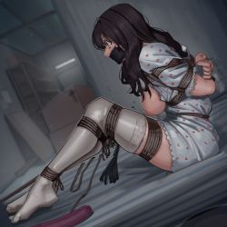 Rule 34 | 1girl, absurdres, bdsm, black hair, bondage, bound, breasts, breasts out, dildo, gag, gagged, harris hero, highres, horrified, improvised gag, kidnapped, kidnapping, legs, long hair, medium breasts, nipples, original, pajamas, restrained, rope, sex toy, shibari, sitting, solo, tape, tape gag, thighhighs, thighs, variant set, white pajamas, white thighhighs
