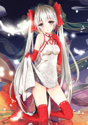 Rule 34 | 1girl, alternate costume, bow, brown eyes, china dress, chinese clothes, dress, elbow gloves, gloves, hair bow, highres, kasugano sora, kneeling, long hair, menghuan tian, panties, red gloves, red thighhighs, silver hair, solo, striped clothes, striped panties, thighhighs, twintails, underwear, very long hair, yosuga no sora
