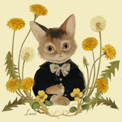 Rule 34 | 1other, absurdres, animal focus, black shirt, bow, buttons, cat, character name, closed mouth, collar, dandelion, flower, frilled collar, frilled sleeves, frills, highres, looking at viewer, no humans, original, plant, portrait, shirt, simple background, tono (rt0no), whiskers, white bow, yellow flower