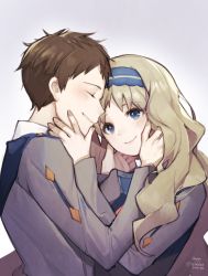 Rule 34 | 1boy, 1girl, blonde hair, blue eyes, blush, brown hair, closed eyes, commentary, darling in the franxx, fingernails, hairband, hand on another&#039;s face, happy, hetero, hug, kokoro (darling in the franxx), long hair, long sleeves, looking at another, mitsuru (darling in the franxx), open mouth, smile, uniform, velahka