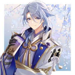 Rule 34 | 1boy, amaichi esora, arm guards, armor, artist name, blue flower, blue hair, border, branch, bubble tea, closed mouth, commentary, cup, dated, disposable cup, drinking straw, flower, genshin impact, gold trim, hair between eyes, hair over shoulder, hand up, highres, holding, holding cup, jacket, japanese armor, japanese clothes, kamisato ayato, kimono, lapels, long sleeves, looking at viewer, male focus, medium hair, mole, mole under mouth, open clothes, open jacket, outside border, parted bangs, petals, purple eyes, rope, shoulder armor, sidelocks, smile, sode, solo, swept bangs, tassel, twitter username, upper body, watermark, white border, white jacket, wide sleeves