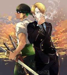 Rule 34 | 2boys, artist name, bandana, black necktie, blonde hair, cigarette, commentary, curly eyebrows, earrings, english commentary, formal, green hair, hair over one eye, highres, holding, holding cigarette, holding sword, holding weapon, jewelry, katana, male focus, muffinmonstah, multiple boys, necktie, one eye covered, one piece, outdoors, roronoa zoro, sanji (one piece), shirt, short hair, single earring, smoke, smoking, suit, sword, triple wielding, weapon, white shirt