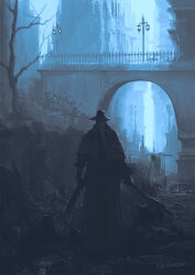 Rule 34 | 1boy, artist name, axe, bare tree, bloodborne, bridge, capelet, city, father gascoigne, from behind, gun, hat, highres, holding, holding axe, holding gun, holding weapon, lamppost, outdoors, ponytail, solo, tree, tripdancer, weapon