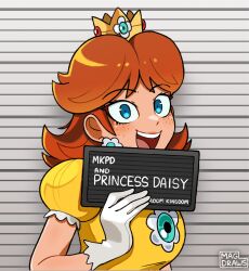 Rule 34 | +nintendo, 1girl, artist name, barbie (franchise), barbie (live action), barbie mugshot (meme), blue eyes, brown hair, character name, crown, dress, earrings, freckles, gloves, highres, jewelry, mag (magdraws), mario (series), medium hair, meme, mugshot, nintendo, open mouth, princess daisy, solo, super mario land, teeth, upper body, upper teeth only, watermark, white gloves, yellow dress