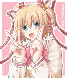Rule 34 | 1girl, :d, ahoge, aqua eyes, blonde hair, blush, border, bow, character name, commentary request, dated, double v, eyes visible through hair, hair between eyes, hair ornament, hair ribbon, hands up, happy, kamikita komari, little busters!, little busters! school uniform, long ribbon, long sleeves, looking at viewer, open mouth, pink background, pink bow, red ribbon, ribbon, school uniform, short hair, simple background, smile, solo, star (symbol), star hair ornament, sweater, twitter username, two side up, upper body, v, white border, xdjf63qbpt0iqmj, yellow sweater