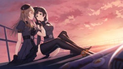 Rule 34 | 2girls, arm at side, assault lily, belt, belt buckle, beret, black belt, black dress, black footwear, black gloves, black headwear, black thighhighs, blunt bangs, blurry, blurry foreground, breasts, brown hair, buckle, buttons, cleavage, cleavage cutout, closed mouth, clothing cutout, cloud, commentary, dress, dutch angle, elbow gloves, evening, eye contact, flower knot, frilled dress, frills, from below, full body, gloves, gradient sky, green eyes, green ribbon, grey dress, hair between eyes, hair ornament, hair scrunchie, hand in another&#039;s hair, hand up, hat, highres, knees up, kuo shenlin, layered dress, legs, long hair, looking at another, looking to the side, low ponytail, medium breasts, mountainous horizon, multiple girls, neck ribbon, nuenue, official alternate costume, on ground, orange sky, outdoors, profile, puffy short sleeves, puffy sleeves, railing, red eyes, ribbon, scrunchie, shadow, shoes, short dress, short sleeves, side-by-side, side ponytail, sidelocks, sitting, sky, sleeveless, sleeveless dress, smile, sunset, tassel, tassel hair ornament, thighhighs, wang yujia, weapon, white scrunchie, yuri, zettai ryouiki