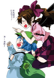 Rule 34 | 2girls, ^ ^, backpack, bag, blue eyes, blue hair, blush, brown hair, checkered clothes, checkered skirt, closed eyes, closed eyes, fang, female focus, hair ribbon, hat, himekaidou hatate, kawashiro nitori, multiple girls, one eye closed, open mouth, purple legwear, ribbon, short hair, short twintails, skirt, smile, thighhighs, tokin hat, touhou, translation request, twintails, two side up, unya, wink