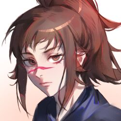 Rule 34 | 1girl, absurdres, black shirt, brown hair, chainsaw man, collared shirt, gradient background, high ponytail, highres, kozzz y, looking at viewer, medium hair, messy hair, portrait, scar, scar on face, scar on nose, shirt, sidelocks, simple background, solo, tendou michiko, white background