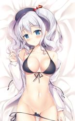 Rule 34 | 10s, 1girl, bare shoulders, bed sheet, beret, bikini, bikini pull, black bikini, black hat, blue eyes, blush, breasts, cleavage, closed mouth, clothes pull, collarbone, from above, front-tie top, groin, hat, head tilt, highres, kantai collection, kashima (kancolle), large breasts, looking at viewer, off shoulder, open clothes, open shirt, shirt, side-tie bikini bottom, silver hair, smile, solo, sousouman, swimsuit, twintails, upper body, wavy mouth, white shirt