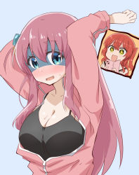 Rule 34 | + +, 2girls, :d, ahoge, black shirt, blue background, blush, bocchi the rock!, breasts, cleavage, cube hair ornament, embarrassed, hair ornament, hands up, highres, holding, holding phone, jacket, kita ikuyo, large breasts, long hair, looking at viewer, mukaibi aoi, multiple girls, one side up, open clothes, open jacket, open mouth, phone, pink hair, pink jacket, sailor collar, school uniform, serafuku, shaded face, shirt, simple background, smartphone case, smile, solo focus, turn pale, white sailor collar, white shirt