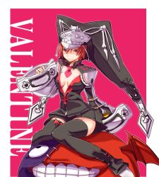 Rule 34 | 1girl, antennae, black skirt, black thighhighs, bone, bow, chamaruk, character name, creature, guilty gear, guilty gear 2, hat, highres, jester cap, knees together feet apart, long sleeves, looking down, lucifero (guilty gear), miniskirt, necktie, red eyes, red hair, short hair, sitting, skirt, skull, sleeves past wrists, solo, stitches, thighhighs, valentine (guilty gear), zettai ryouiki