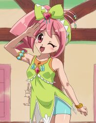 Rule 34 | 1girl, armpits, artist name, blue shorts, blush, bow, dated, dress, gem, green bow, green dress, heart, highres, jewelpet (series), jewelpet kira deco!, jewelry, nanaeljustice, one eye closed, oomiya pink, open mouth, pink eyes, pink hair, sanrio, shorts, side ponytail, smile, solo