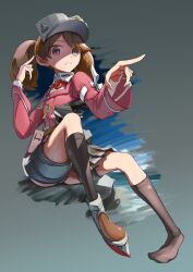 Rule 34 | 1girl, absurdres, black skirt, brown eyes, brown hair, collared shirt, commentary request, dress shirt, grey background, highres, japanese clothes, kantai collection, kariginu, long hair, looking at viewer, machinery, magatama, pleated skirt, pointing, red shirt, rudder footwear, ryuujou (kancolle), sannsogyoraikai, shirt, shoes, simple background, single shoe, skirt, solo, twintails, visor cap, white shirt
