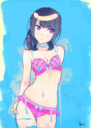 Rule 34 | 1girl, arms behind back, ayase (ayasegiken), bare shoulders, black hair, bra, breasts, choker, cleavage, garter straps, lace, lace bra, lace panties, navel, original, panties, pink bra, pink eyes, pink panties, solo, thigh gap, underwear, underwear only