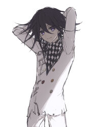 Rule 34 | 1boy, absurdres, arms behind back, arms up, buttons, checkered neckerchief, cowboy shot, danganronpa (series), danganronpa v3: killing harmony, double-breasted, flipped hair, fu ga (vivi912912), grey jacket, grey pants, hair between eyes, highres, jacket, messy hair, neckerchief, oma kokichi, pants, simple background, smile, solo, white background