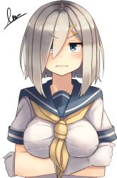 Rule 34 | 10s, 1girl, blush, breast hold, breasts, gloves, hair over one eye, hamakaze (kancolle), highres, jitome, kantai collection, plan (planhaplalan), school uniform, serafuku, short hair, short sleeves, signature, silver hair, simple background, solo, upper body, white background, white gloves