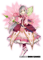 Rule 34 | 1girl, ahoge, blush, capelet, commentary request, dress, floral background, flower, flower knight girl, frilled dress, frills, full body, green eyes, grey hair, hair ornament, highres, holding, holding staff, holding weapon, long hair, looking at viewer, necomi, official art, pink dress, serruria (flower knight girl), shoes, simple background, solo, staff, watermark, weapon, white background
