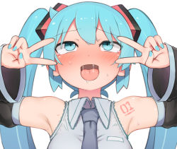 Rule 34 | 1girl, :d, abmayo, ahegao, aqua eyes, aqua hair, aqua nails, armpits, bare shoulders, black sleeves, blue necktie, blush, commentary request, detached sleeves, double v, emotional engine - full drive, fate/grand order, fate (series), grey shirt, hair ornament, hands up, hatsune miku, highres, long hair, nail polish, necktie, open mouth, saliva, shirt, shoulder tattoo, simple background, sleeveless, sleeveless shirt, smile, solo, sparkle, sparkle background, sweat, tattoo, tearing up, twintails, upper body, v, v-shaped eyebrows, v over eye, vocaloid, white background