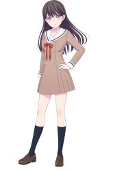 Rule 34 | 1girl, bang dream!, bang dream! it&#039;s mygo!!!!!, black hair, black socks, bow, bowtie, breasts, brown dress, brown footwear, closed mouth, collarbone, dress, full body, hanasakigawa school uniform, hand on own hip, highres, kneehighs, loafers, long hair, long sleeves, looking at viewer, medium breasts, mole, mole under eye, official art, pleated dress, purple eyes, red bow, red bowtie, sailor collar, sailor dress, school uniform, shiina taki, shoes, simple background, socks, solo, tachi-e, transparent background, white sailor collar