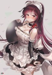 Rule 34 | 1girl, apron, bare shoulders, blush, bow, breasts, cleavage, cowboy shot, detached collar, detached sleeves, dress, frills, frown, highres, holding, holding tray, kyjsogom, large breasts, long hair, looking at viewer, maid, maid headdress, mole, mole on breast, mole under eye, original, purple hair, red eyes, sidelocks, signature, smile, solo, tareme, thighhighs, tray