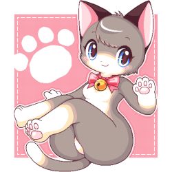 Rule 34 | 1girl, animal ears, animal nose, bell, black fur, blue eyes, blush stickers, body fur, breasts, cat, cat ears, cat girl, cat tail, closed mouth, commentary, full body, furry, furry female, grey fur, grey hair, jingle bell, lowres, medium breasts, original, paw print, pawpads, pink background, simple background, sitting, smile, solo, tail, takiune, two-tone fur, white background, white fur, wide hips