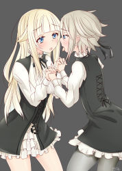 Rule 34 | 2girls, ange (princess principal), blonde hair, blue eyes, blush, couple, holding hands, highres, imminent kiss, interlocked fingers, kiss, long hair, mikoto (pixiv), multiple girls, open mouth, pantyhose, princess (princess principal), princess principal, saliva, short hair, silver hair, simple background, tagme, tongue, tongue out, yuri