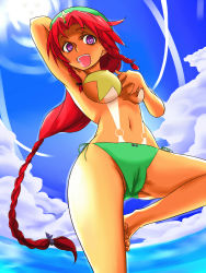 Rule 34 | 1girl, :d, arm behind head, arm up, armpits, bad id, bad pixiv id, barefoot, bikini, bikini bottom only, braid, bright pupils, cameltoe, cloud, covering one breast, covering privates, day, embodiment of scarlet devil, female focus, from below, grabbing own breast, green bikini, hat, highres, hong meiling, long hair, navel, open mouth, pasties, purple eyes, red hair, side-tie bikini bottom, sky, smile, solo, standing, standing on one leg, star pasties, sun, swimsuit, tan, tanline, touhou, twin braids, ver5, very long hair, white pupils, yukkuri shiteitte ne