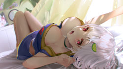 Rule 34 | 1girl, ahoge, blue dress, breasts, choker, cleavage, dress, food-themed hair ornament, hair ornament, hairpin, hayama marin, highres, large breasts, lime hair ornament, looking at viewer, mirror, nijisanji, red eyes, stretching, virtual youtuber, white hair, yawning, zgpwlm