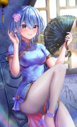 Rule 34 | 1girl, absurdres, alternate costume, blue dress, blue eyes, blue hair, blue nails, blush, bow, bow earrings, breasts, china dress, chinese clothes, commentary, dress, earrings, fingernails, flower, folding fan, gold trim, grin, hair between eyes, hair flower, hair ornament, hand fan, hands up, high heels, highres, holding, holding fan, hololive, hoshimachi suisei, jewelry, looking at viewer, medium breasts, medium hair, nail polish, on chair, panties, pantyhose, pink flower, short sleeves, sitting, smile, solo, star (symbol), star in eye, symbol in eye, tassel, thighs, underwear, virtual youtuber, wajuniorbox, white footwear, white panties