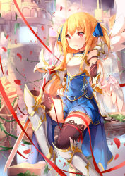 Rule 34 | 1girl, absurdres, armor, armored boots, black thighhighs, blonde hair, blue ribbon, bokujuu, boots, breastplate, hair ribbon, highres, leg ribbon, long hair, original, petals, red eyes, red ribbon, ribbon, sitting, solo, sword, thigh ribbon, thighhighs, two side up, weapon