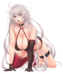 Rule 34 | 1girl, ahoge, all fours, asymmetrical gloves, bare shoulders, bikini, black bikini, black choker, black gloves, blush, breasts, choker, cleavage, collarbone, elbow gloves, fate/grand order, fate (series), gloves, hair between eyes, hayama kazusa, highres, jeanne d&#039;arc alter (swimsuit berserker) (fate), jeanne d&#039;arc (fate), jeanne d&#039;arc alter (fate), jeanne d&#039;arc alter (swimsuit berserker) (fate), large breasts, long hair, looking at viewer, o-ring, open mouth, red thighhighs, silver hair, simple background, single thighhigh, solo, swimsuit, thigh strap, thighhighs, thighs, uneven gloves, very long hair, yellow eyes