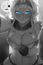 Rule 34 | 1girl, absurdres, alley, bandeau, blue eyes, blush, breasts, cleavage, gloves, hairband, highres, horns, kirin (armor), large breasts, looking at viewer, medium hair, monster hunter (character), monster hunter (series), navel, niwarhythm, parted lips, seductive smile, sidelocks, single horn, smile, solo, spot color, strapless, tube top