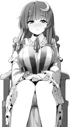 Rule 34 | 1girl, blunt bangs, blush, breasts, chair, closed mouth, crescent, crescent hair ornament, dress, greyscale, hair ornament, kamukamu (ars), large breasts, legs, long hair, long sleeves, looking at viewer, monochrome, no headwear, panties, pantyshot, patchouli knowledge, sitting, solo, striped clothes, striped dress, touhou, underwear, vertical-striped clothes, vertical-striped dress