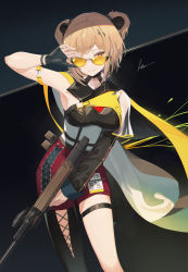 Rule 34 | 1girl, absurdres, adjusting eyewear, adjusting glasses, alternate costume, ammunition, black thighhighs, blonde hair, breasts, bullet, bullpup, cape, closed mouth, commentary request, commission, contrapposto, detached sleeves, double bun, earrings, eruthika, fingerless gloves, fn 5.7x28mm, girls&#039; frontline, gloves, gun, hair bun, hair ornament, highres, holding, holding gun, holding weapon, holster, horizontal magazine, jewelry, looking at viewer, looking over eyewear, looking over glasses, medium breasts, medium hair, multicolored background, p90, p90 (girls&#039; frontline), pdw cartridge, personal defense weapon, red eyes, red shorts, see-through, shorts, signature, single detached sleeve, single thighhigh, skeb commission, solo, submachine gun, sunglasses, thigh holster, thighhighs, tinted eyewear, translucent, weapon, yellow-tinted eyewear, yellow-tinted glasses