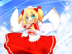 Rule 34 | 1girl, aqua eyes, asaba hiromu, ascot, blonde hair, bow, day, fairy wings, fang, hair bow, hair ribbon, hairband, lolita hairband, looking at viewer, outstretched arms, ribbon, sky, solo, sparkle, spread arms, sunny milk, touhou, touhou unreal mahjong, two side up, wide sleeves, wings