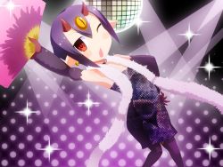 1girl desco_(disgaea) disco_ball disgaea female_focus hand_fan one_eye_closed pointy_ears purple_hair red_eyes solo wink