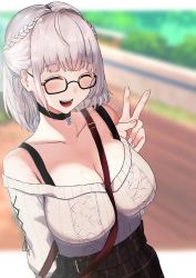 Rule 34 | 1girl, ajirou, bag, between breasts, black-framed eyewear, black choker, black skirt, blush, braid, breasts, choker, cleavage, closed eyes, commentary request, cross-laced clothes, cross-laced sleeves, glasses, hand up, highres, hololive, large breasts, off-shoulder sweater, off shoulder, open mouth, plaid, plaid skirt, ribbed sweater, ribbon-trimmed sleeves, ribbon trim, semi-rimless eyewear, shirogane noel, shirogane noel (casual), skirt, smile, solo, strap between breasts, sweater, teeth, upper body, upper teeth only, v, virtual youtuber, white sweater