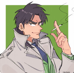 Rule 34 | 1boy, black eyes, black hair, black necktie, blazer, cigarette, closed mouth, coat, commentary request, green background, green jacket, grey coat, holding, holding cigarette, inudori, itou kaiji, jacket, kaiji, looking at viewer, male focus, medium bangs, necktie, parted bangs, scar, scar on hand, smile, smoke, solo, striped clothes, striped jacket, two-tone background, upper body, v-shaped eyebrows, vertical-striped clothes, vertical-striped jacket, white background