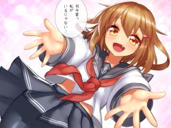 Rule 34 | 10s, 1girl, black pantyhose, brown eyes, brown hair, fang, hair ornament, hairclip, ikazuchi (kancolle), kantai collection, looking at viewer, open mouth, pantyhose, school uniform, serafuku, short hair, skirt, smile, solo, translated, yapo (croquis side)