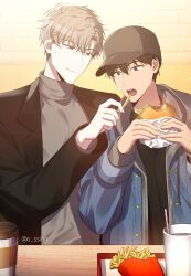Rule 34 | absurdres, black coat, blue jacket, brick wall, brown headwear, burger, closed mouth, coat, cup, disposable cup, eating, food, french fries, grey hoodie, hat, highres, holding, holding food, hood, hoodie, ilay riegrow, jacket, jacket over hoodie, jeong taeui, male focus, o ssion, open mouth, passion (manhwa), shared food, smile, soda, table, white hair
