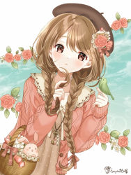 Rule 34 | 1girl, animal, basket, beret, bird, bird on hand, blush, braid, brown dress, brown eyes, brown hair, brown hat, commentary request, dress, flower, hands up, hat, jacket, kompeitou (lemon garden), long hair, long sleeves, looking at viewer, low twintails, open clothes, open jacket, original, parted lips, pink flower, pink jacket, pink rose, puffy long sleeves, puffy sleeves, rose, signature, solo, twin braids, twintails, very long hair, white flower
