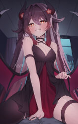 Rule 34 | 1girl, 1other, alternate costume, arm strap, black choker, black dress, blush, breasts, brown hair, choker, cleavage, commission, criss-cross halter, demon girl, demon horns, demon tail, demon wings, dress, fingerless gloves, fingernails, flower-shaped pupils, genshin impact, gloves, gya (144), hair between eyes, halterneck, highres, horns, hu tao (genshin impact), indoors, jewelry, long hair, looking at viewer, medium breasts, nail polish, pixiv commission, pov, ring, single thighhigh, sitting, sitting on person, sleeveless, sleeveless dress, smile, spread legs, symbol-shaped pupils, tail, thigh strap, thighhighs, twintails, twitter username, very long hair, wings