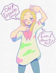 Rule 34 | 1girl, arms up, black legwear, blonde hair, blue eyes, cowboy shot, creatures (company), denaseey, facepaint, game freak, half-closed eyes, highres, long hair, looking at viewer, mina (pokemon), nintendo, one eye closed, open mouth, oversized clothes, oversized shirt, paint, paint stains, pokemon, pokemon sm, shirt, short sleeves, simple background, smile, solo, speech bubble, white background