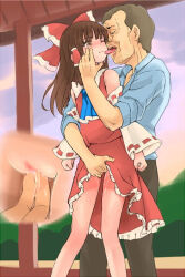 Rule 34 | 1boy, 1girl, ascot, blue ascot, bow, brown hair, clitoral stimulation, clothes lift, detached sleeves, feet out of frame, fingering, frilled skirt, frills, grabbing, grabbing from behind, hair bow, hair tubes, hakurei reimu, hakutaku gohan, licking, licking another&#039;s face, old, old man, one eye closed, red skirt, ribbon-trimmed sleeves, ribbon trim, skirt, skirt lift, standing, tongue, tongue out, touhou, ugly man