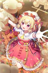 Rule 34 | 1girl, :d, ascot, blonde hair, blurry, blurry background, bow, coffin, crystal, dress, flandre scarlet, flower, full body, hat, highres, kiramarukou, long hair, mob cap, open mouth, outstretched arms, red bow, red dress, red eyes, red flower, red rose, rose, seiza, side ponytail, sitting, smile, solo, stuffed animal, stuffed toy, teddy bear, touhou, white hat, wings, wrist cuffs, yellow ascot