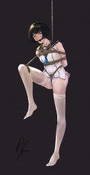 Rule 34 | 1girl, absurdres, arms behind back, ball gag, bdsm, black hair, blunt bangs, bondage, bound, bound arms, crotch rope, full body, gag, highres, looking at viewer, original, panties, pick&#039;k, saliva, saliva trail, school uniform, shibari, short hair, signature, simple background, solo, standing, standing on one leg, tears, thighhighs, underwear, white thighhighs, yellow eyes