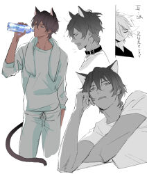 Rule 34 | 2boys, animal ears, arjuna (fate), belt collar, bottle, brown eyes, brown hair, cat boy, cat ears, cat tail, collar, commentary request, dark-skinned male, dark skin, drinking, fate/grand order, fate (series), hair between eyes, holding, holding bottle, karna (fate), male focus, multiple boys, multiple views, pants, partially colored, profile, shirt, short hair, sketch, solo focus, standing, staring, sweatpants, tail, towel, towel around neck, water bottle, white background, white shirt, yamakawatani, yawning