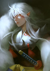Rule 34 | 1boy, absurdres, armor, crescent, expressionless, facial mark, forehead mark, fur, highres, inuyasha, japanese clothes, lips, long hair, looking at viewer, mai honshu de zhi nan, male focus, pointy ears, sesshoumaru, sheath, sheathed, silver hair, solo, sword, upper body, weapon, yellow eyes