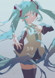 Rule 34 | 1girl, 39, black sleeves, black thighhighs, blue background, blue eyes, blue hair, blue nails, blue necktie, blush, closed mouth, commentary, cowboy shot, detached sleeves, gradient background, hatsune miku, highres, light particles, long hair, looking at viewer, nail polish, necktie, outstretched arm, potg (piotegu), shirt, sleeveless, sleeveless shirt, smile, solo, thighhighs, twintails, very long hair, vocaloid, white shirt