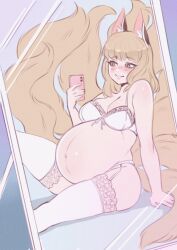 Rule 34 | 1girl, animal ear fluff, animal ears, big belly, blush, bra, breasts, brown eyes, brown hair, cellphone, cleavage, commission, curvy, female focus, fox ears, fox girl, fox tail, garter belt, highres, kitsune, kyuubi, large breasts, long hair, mirror, mirror selfie, moon631, multiple tails, original, outie navel, phone, pregnant, selfie, smartphone, smile, solo, tail, thick thighs, thighhighs, thighs, underwear, wide hips